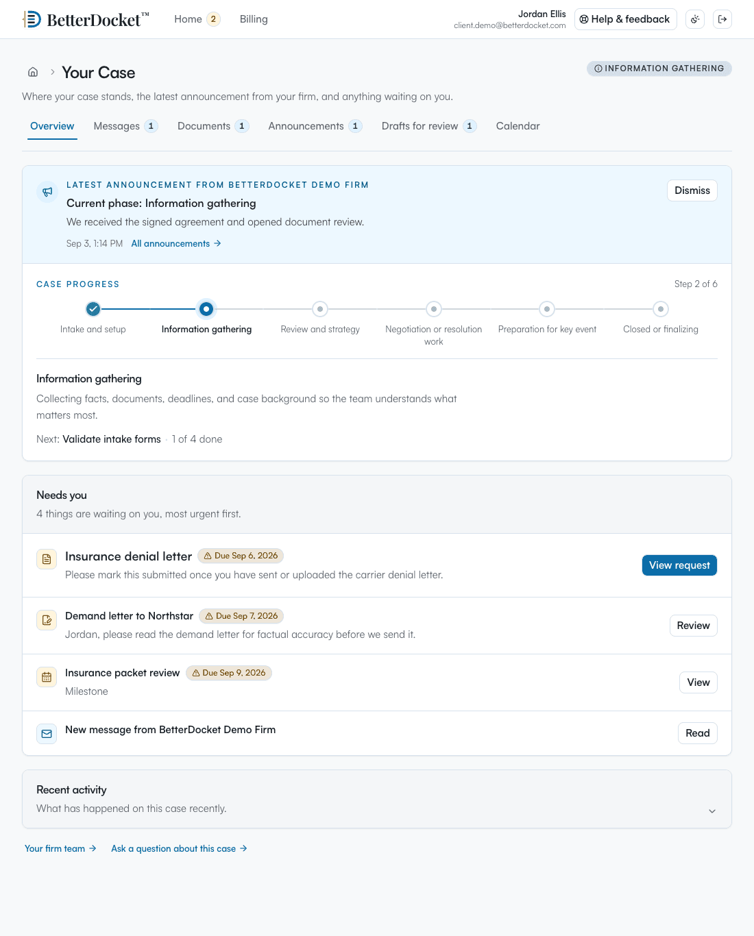 BetterDocket Client Portal showing Case progress and next steps