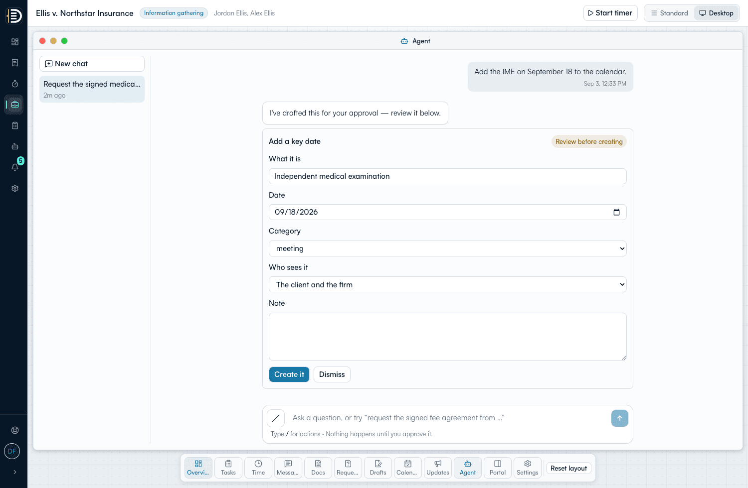 BetterDocket copilot showing an editable task proposal