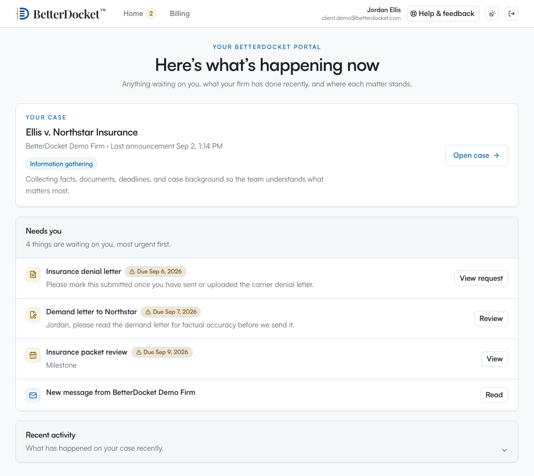 BetterDocket Client Portal showing the Ellis Case, open requests, and recent Firm activity