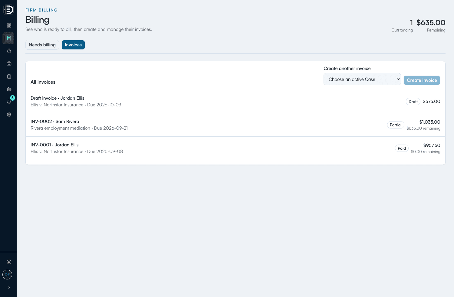 BetterDocket Firm Billing showing draft and issued invoices