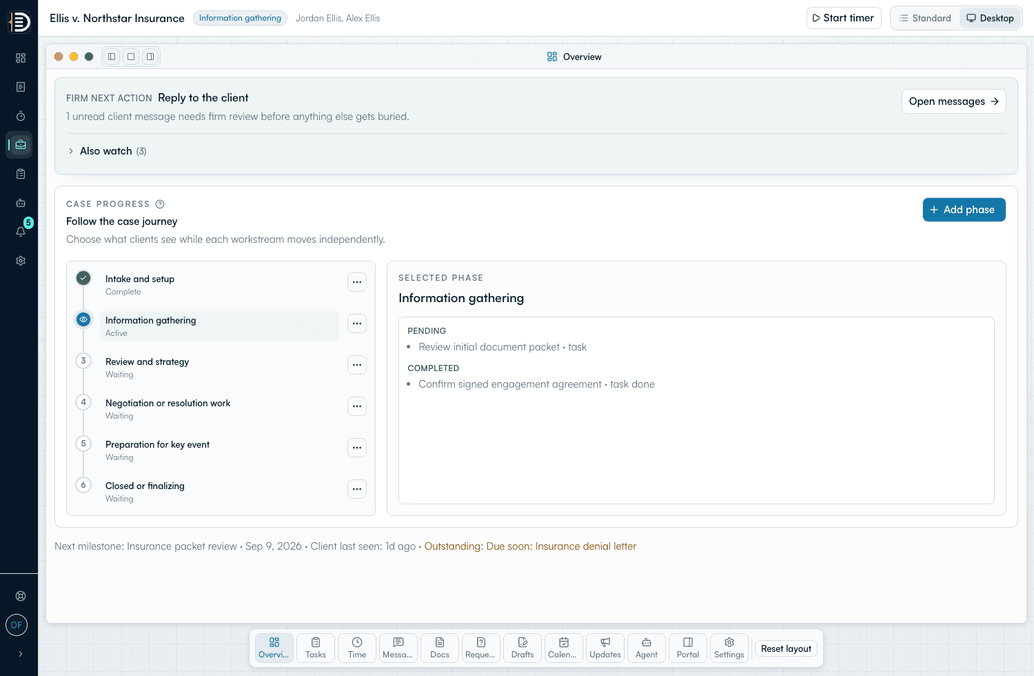 BetterDocket Case workspace showing one shared operating view for the Ellis matter