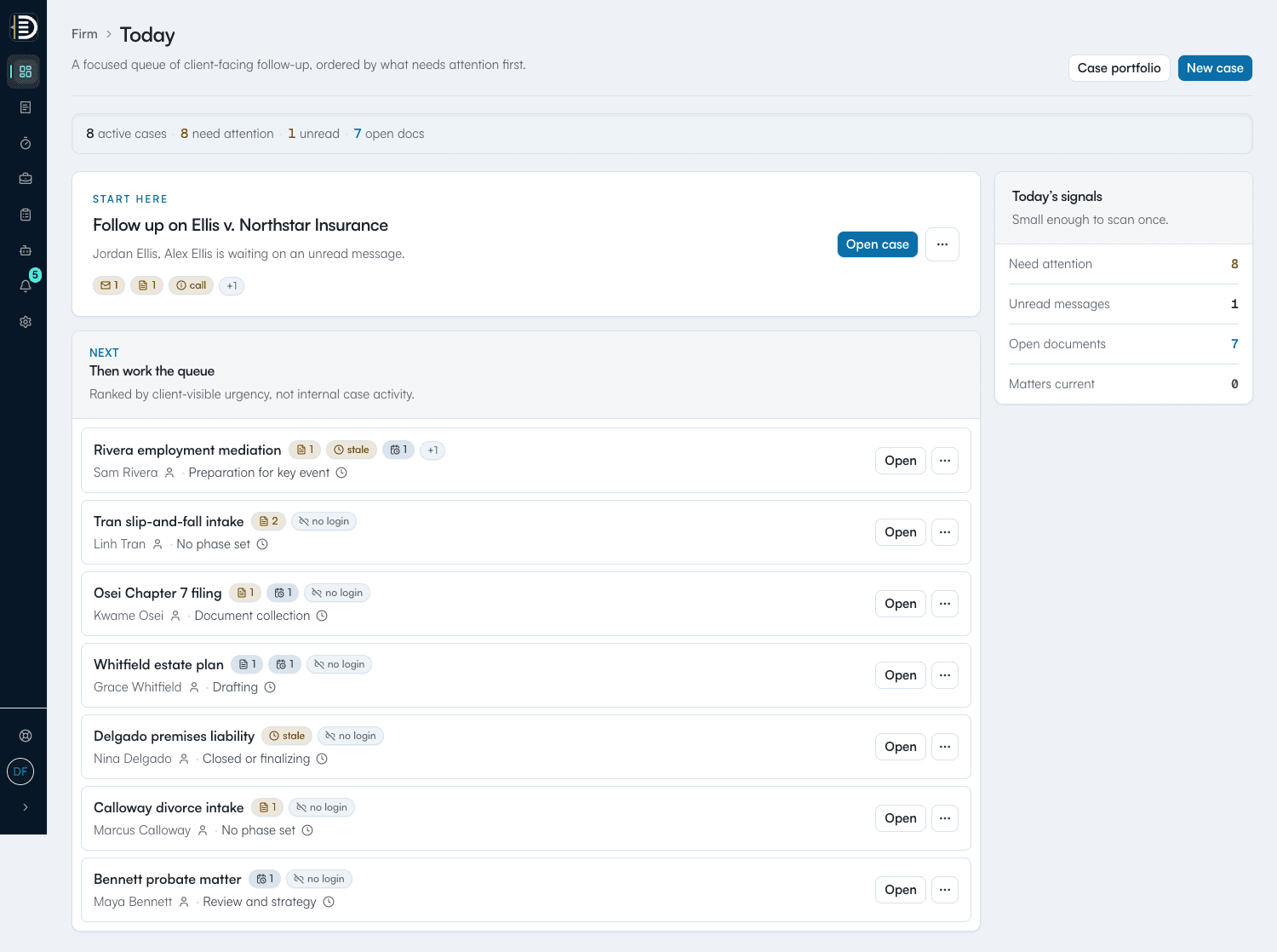 BetterDocket Today queue showing the first matter a solo lawyer should open